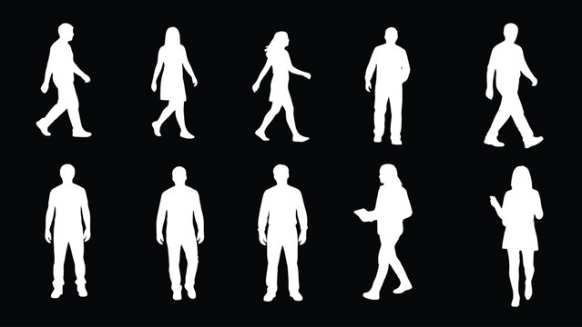 Collection of white silhouettes of people walking and standing in various poses on a black background