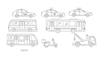 Naklejka premium Urban Transit Collection: A minimalist illustration showcases a diverse collection of urban vehicles, including taxis, buses, scooters, and a tow truck, essential for navigating city landscapes.
