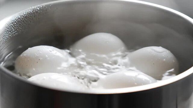 Closeup shot of white eggs boiling in a pot of bubbling water steam rising preparing for a healthy meal.