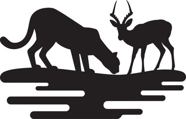 Predator cheetah and gazelle silhouette illustration near water source in savanna landscape © Mokbul