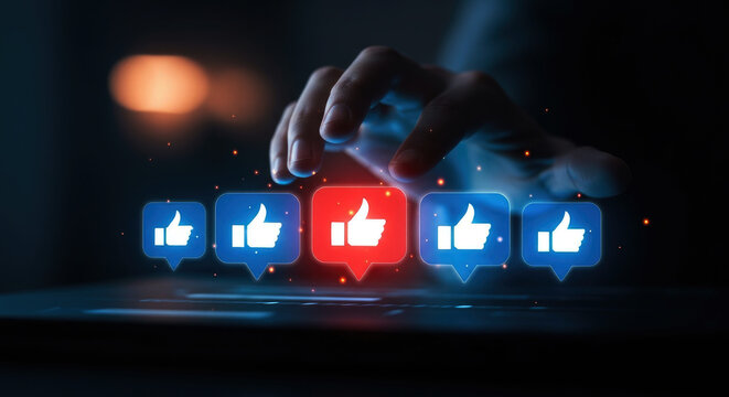 A hand interacting with glowing social media like buttons