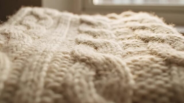 Closeup of a cozy handknitted cable knit blanket or sweater in a soft neutral beige color showcasing intricate texture and warmth perfect for winter or hygge themes.
