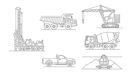 Construction Machines Line Art: A set of detailed line art illustrations of heavy construction vehicles, conveying the power and precision of engineering and industry. © Murshida