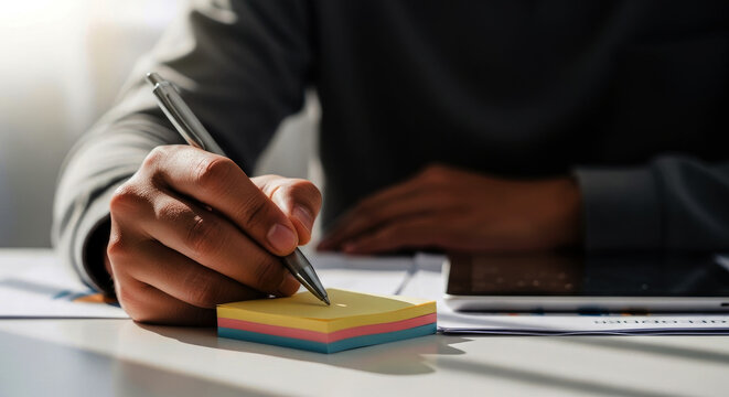 Person writing on a colorful stack of sticky notes with a pen