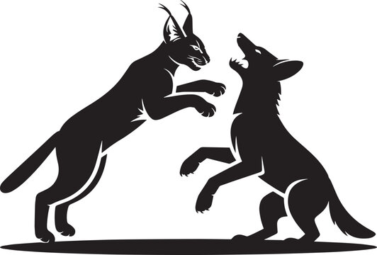 Silhouette of lynx fighting wolf in aggressive confrontation