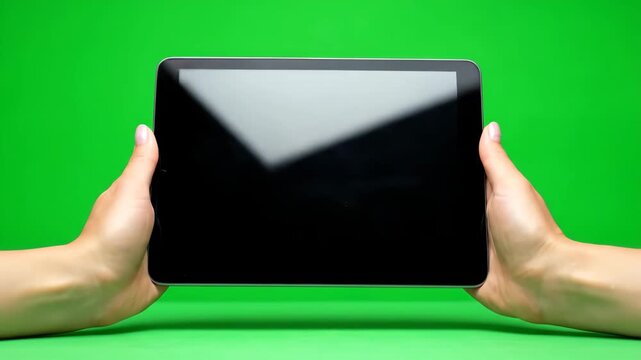 A person's hands present a digital tablet with a customizable blank screen against a vibrant green backdrop. Ideal for technology and advertising projects requiring chroma key effects.