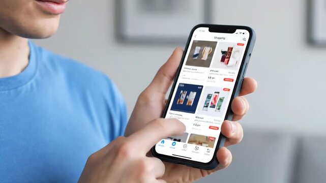 A person's hands scroll through an online shopping app on a smartphone, browsing products. This highlights modern mobile shopping.
