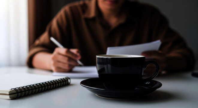 A person studying or working with a cup of coffee
