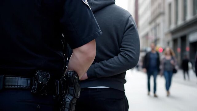 A police officer stands guard with a handcuffed suspect on a bustling urban street, showcasing law enforcement.