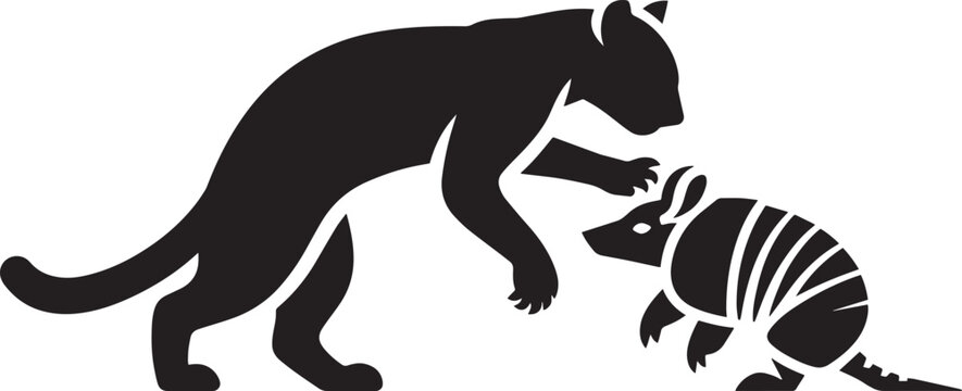 Silhouette of panther approaching armadillo in predatory interaction