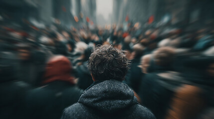 Rear view of a solitary person standing still in a fast moving city crowd, symbolizing anxiety, social isolation, overwhelm and mental health challenges in modern urban life and constant pressure © Anton Popov