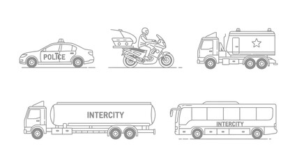 Transportation Array: A comprehensive illustration showcasing various modes of transportation, from police car to bus, highlighting the essential vehicles that keep cities and highways in motion. © Abu