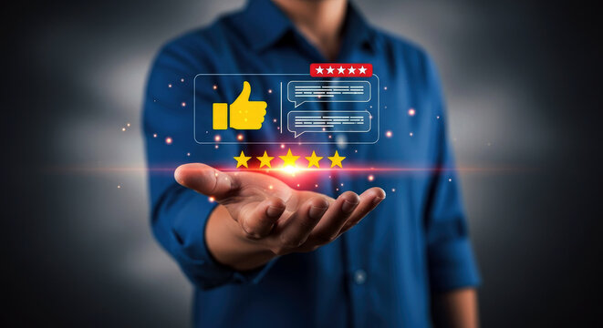 Man interacting with virtual rating and review interface on his hand