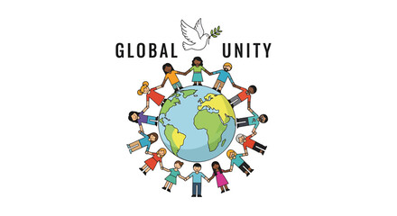 Naklejka premium Vector illustration of diverse people holding hands around the globe with dove