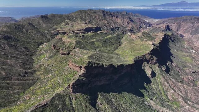 Aerial view of Parque rural del Nublo and Caldera de Tejeda, Gran Canaria, Canary Islands, Spain