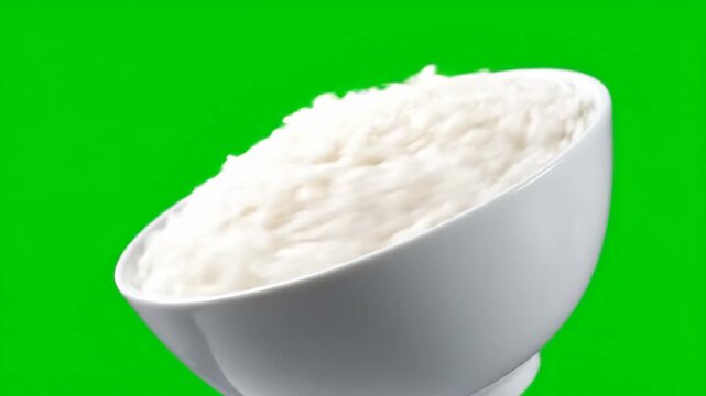 A pristine white bowl filled with fluffy cooked white rice spins on a bright green screen for easy keying.