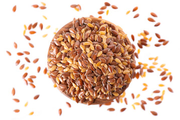 Flax seed mix isolated on white background. Golden and brown linseed or flaxseed in wooden bowl. Clipping path. Top view.