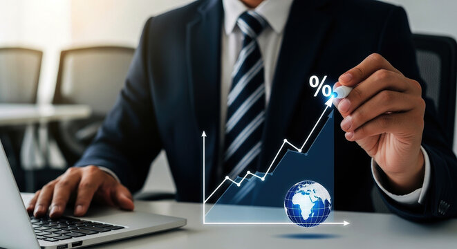 Businessman analyzing financial growth graph with percentage increase