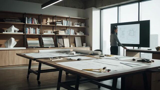 A professional female architect analyzes building blueprints on a digital screen in a contemporary design studio.