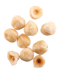 Hazelnut isolated on white background. Peeled hazelnuts. Clipping path. Top view.