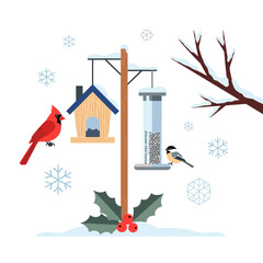 Modern Winter Bird Feeding Station Flat Vector Illustration © Slon