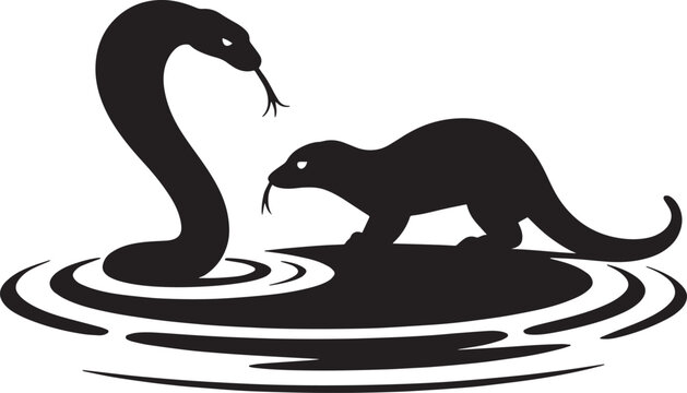 Snake and mongoose fighting in water ripples silhouette vector illustration design