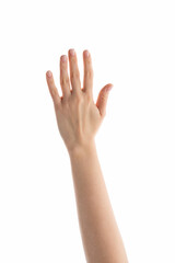 Fototapeta premium Young female hand outside view straight isolated on white
