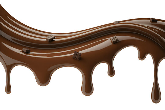 Chocolate wave with chocolate pieces melted dripping isolated on a transparent background