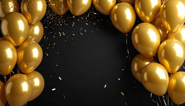 Eleganckie złote balony z błyszczącym konfetti na ciemnym czarnym tle tworzące luksusową ramkę idealną na uroczyste obchody i radosne imprezy.