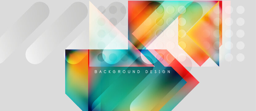 Abstract geometric shapes, vibrant colors, modern design. Gradient layers create dynamic composition, suitable for backgrounds.
