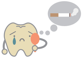 タバコのヤニ汚れによって鏡を見て黄ばみに泣く歯のキャラクターの歯科イメージイラスト