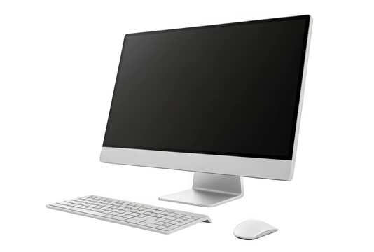 A computer monitor with a keyboard and mouse on a white background