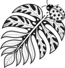 Black and white vector illustration of a ladybug on a monstera leaf © AL EMRAN
