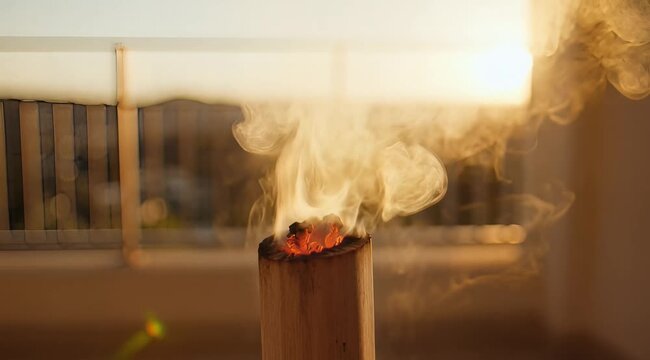 Incense Burning: A close-up view of smoldering incense, releasing swirling wisps of fragrant smoke. The scene evokes a sense of tranquility.