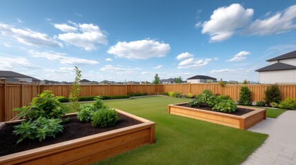 Obraz premium Serene Residential Backyard with Lush Garden Beds and Clear Blue Sky on a Sunny Day