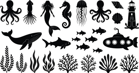 Marine Life Silhouette Collection Featuring Octopus, Whale, Seahorse, Jellyfish, Fish, Submarine and Coral Reef Elements in Black Vector Illustration Isolated on White © MstAshida