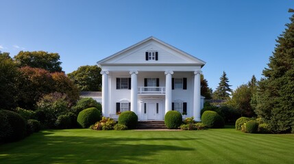 Fototapeta premium Elegant White Colonial House with Pillars Surrounded by Lush Greenery under Blue Sky and Bright Sunlight