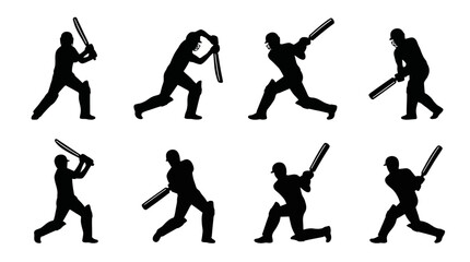 Cricket Batting Vector Silhouette Icon Set Featuring Eight Dynamic Player Poses with Bats in Action for Sports Art, Training, Coaching, and Graphic Design Use