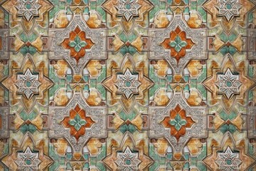 repetitive ornate geometric ceramic tile wall with star motifs, floral rosettes and raised relief in teal, ochre and terracotta tones, evoking warm historic elegance