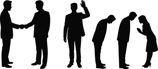 Silhouette of business people shaking hands, greeting and bowing isolated on white background black and white corporate etiquette concept illustration set © Mst Jotsna