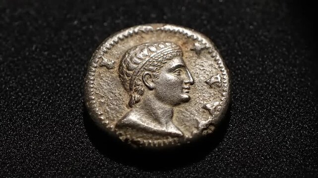 Ancient coin featuring a profile portrait of a historical figure on a textured black background, close-up shot from a slightly elevated viewpoint
