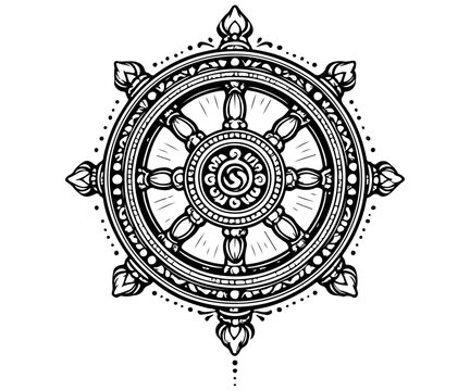 Eight-spoked dharma wheel detailed line art