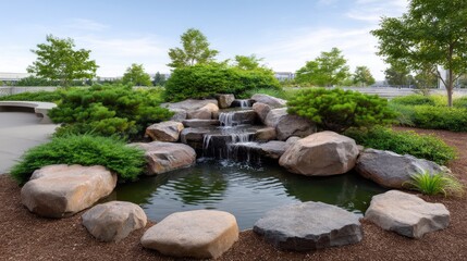Serene Waterfall and Natural Rock Formation in Lush Garden Setting with Clear Sky and Tranquil Pond Reflection