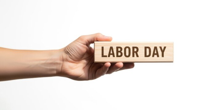 Hand holding wooden block with labor day text isolated on white background