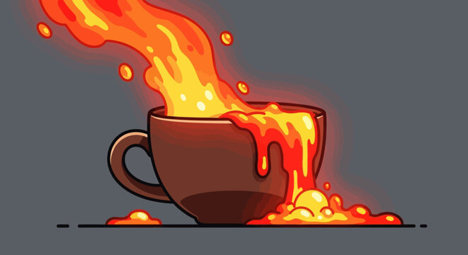 Flaming coffee cup, burning hot drink, fiery mug, cartoon explosion