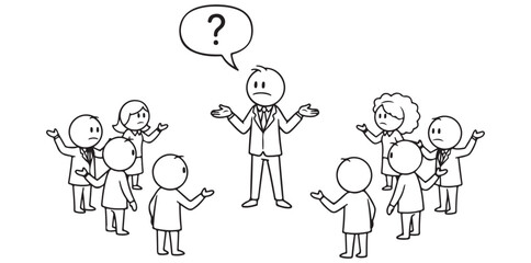 A confused businessman stands in a circle of people with questioning expressions © Zero Vector