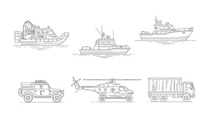 Transportation and Emergency Vehicles Lineup: A detailed illustration showcasing various modes of transportation and emergency vehicles, perfect for visual storytelling.  © Abu