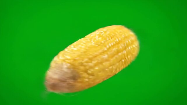 A single, ripe yellow corn cob spins gracefully against a bright green screen, ideal for food and agriculture projects.