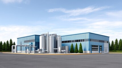 Obraz premium Modern Industrial Factory Building with Silos and Gray Pipelines Under Bright Blue Sky and Green Trees