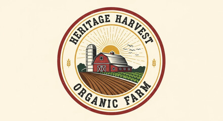 Heritage Harvest Organic Farm logo featuring a barn and farm scene. © Isti